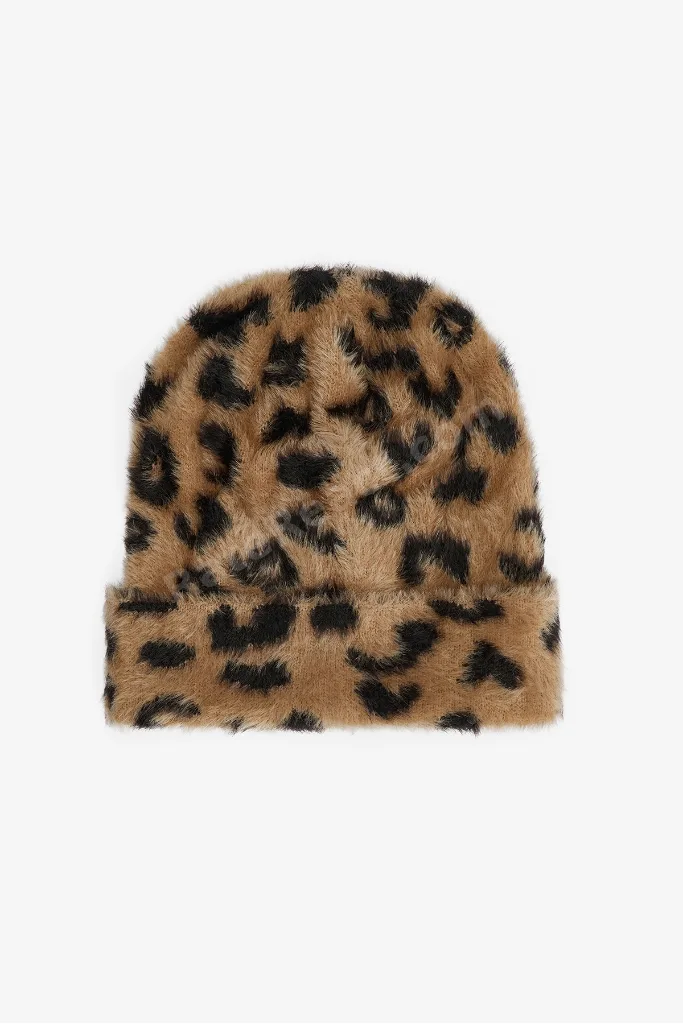 Leopar Desenli Yumuşak Dokulu Bere