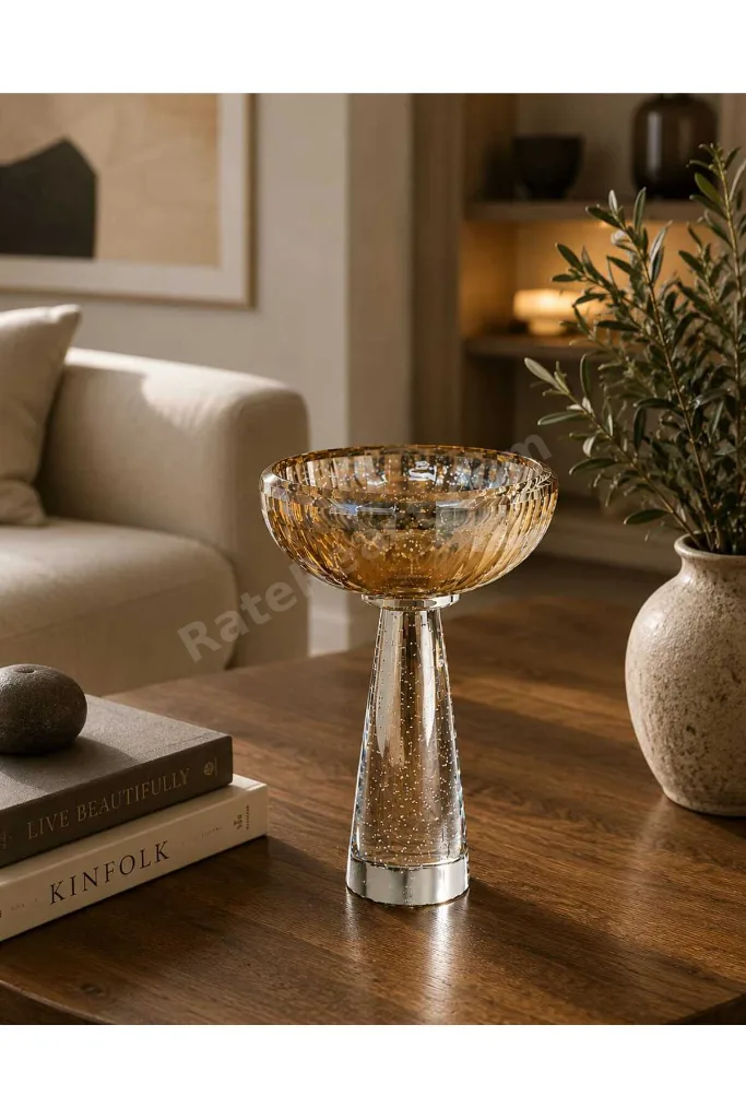 DF Amber Ayaklı Dekoratif Cam Kase | Modern Salon ve Masa Dekoru