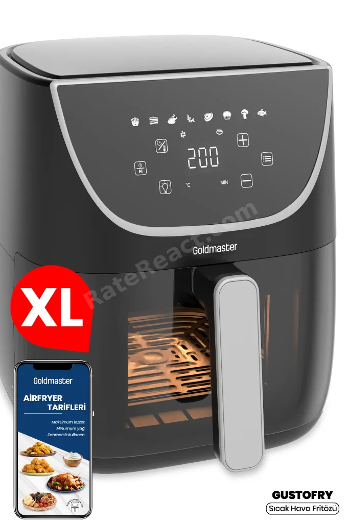 Gustofry  Xl Dokunmatik Cam Kapaklı Hazne Aydınlatmalı Airfryer Sıcak Hava Fritözü