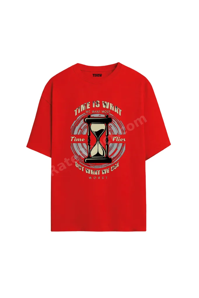 Time Flies Baskılı PREMİUM Bisiklet Yaka %100 Pamuk kısa kollu Oversize Tshirt E-015