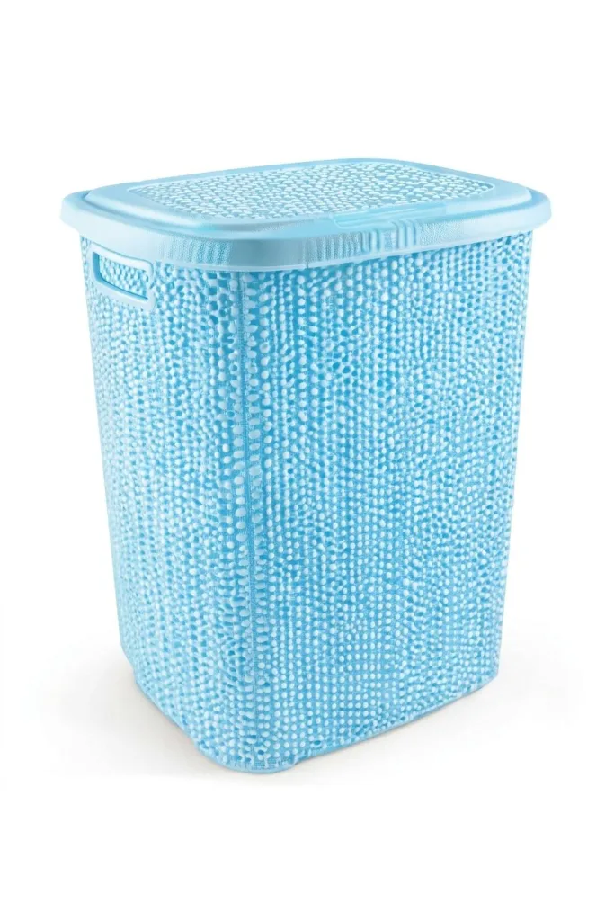 Kirli Çamaşır Sepeti Kapaklı 65 LT Örgü Desenli Plastik Çamaşır Sepeti Banyo Sepeti - Mavi