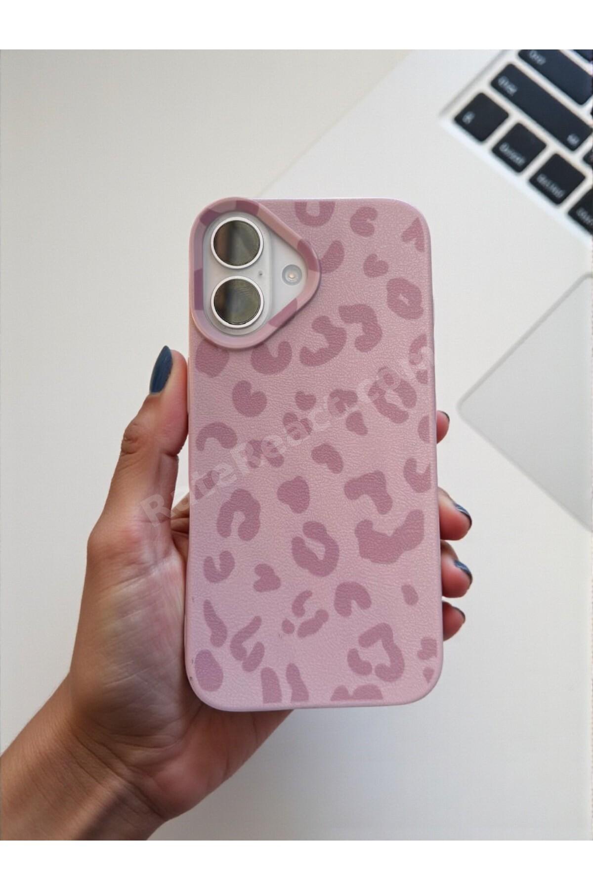 iPhone 16 Uyumlu Pembe Leopar Desenli İnce Yumuşak Silikon Kılıf