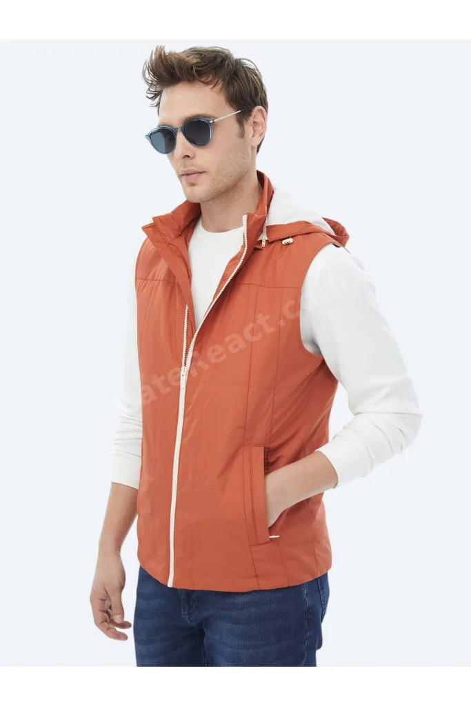Koyu Turuncu Regular Fit Kapüşonlu Casual Dokuma Spor Yelek