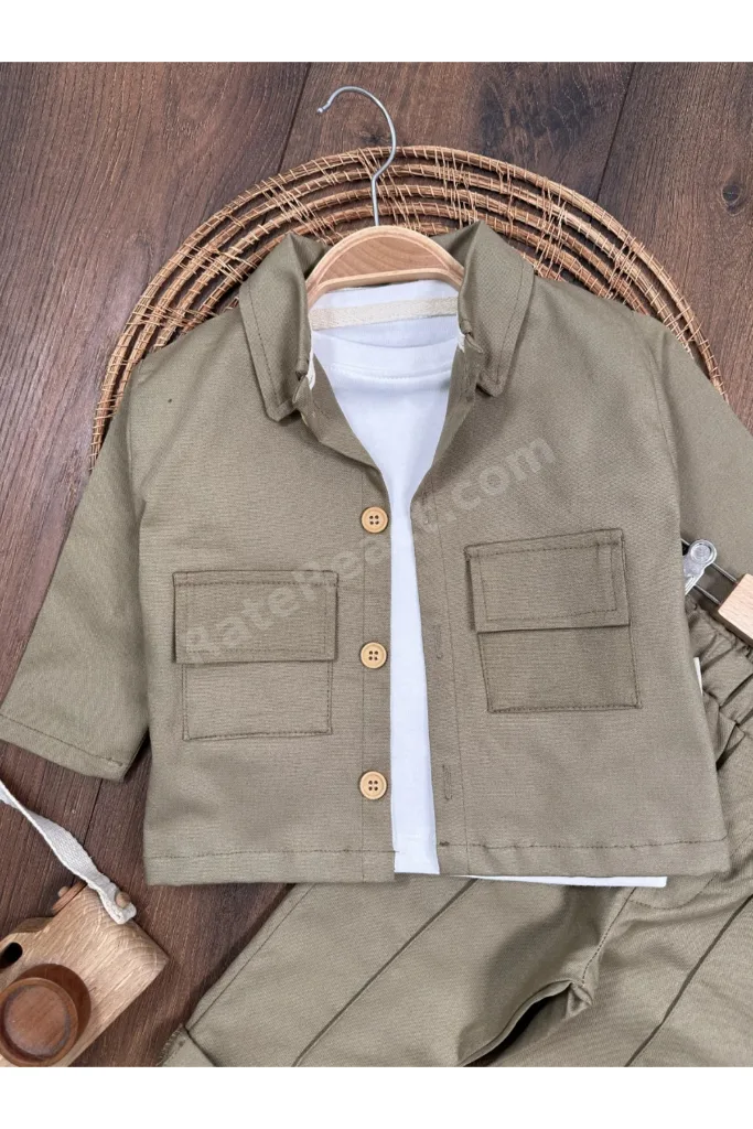 Gabardin Safari Ceket Badili Likralı Mevsimlik 3lü Erkek Bebek ve Çocuk Takım