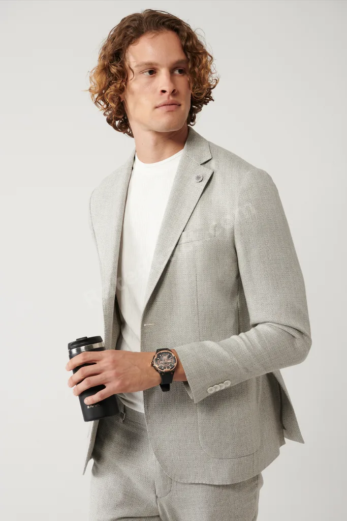 Erkek Gri Astarsız Keten Karışımlı Lightweight Comfort Slim Fit Ceket A41Y4029
