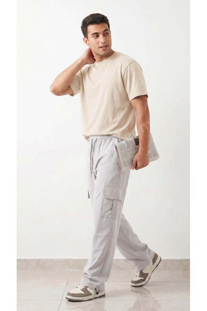 Erkek Gri Paraşüt Kumaş Komando Cepli Klipsli (Ayarlanabilir paça) Baggy Eşofman Alt