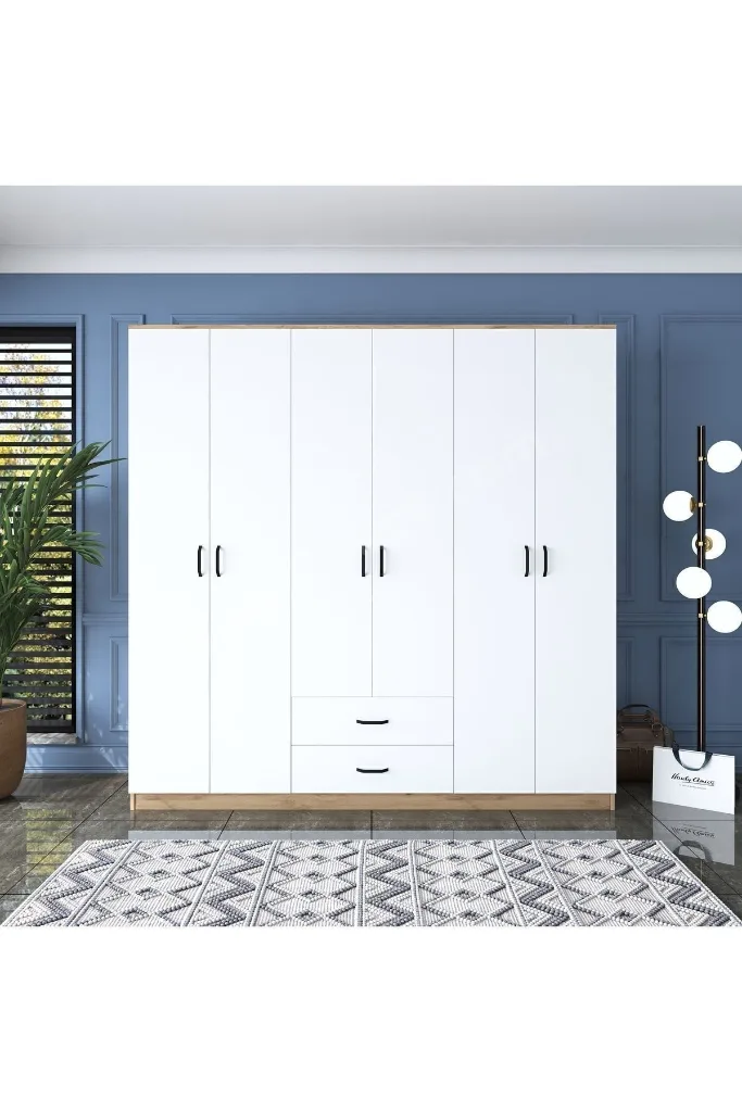 Rani Ba111 Geniş Gardırop Elbise Dolabı 6 Kapaklı 2 Çekmeceli 5 Raflı 3 Askılı Sepet Ceviz - Beyaz