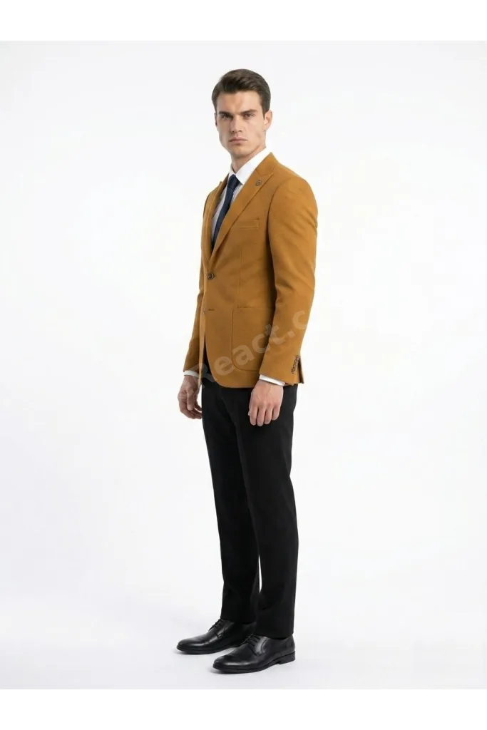 Erkek 6 Drop SlimFit Sivri Yaka Camel Ceket Premium Kumaş Özel Kalıp 1640-004