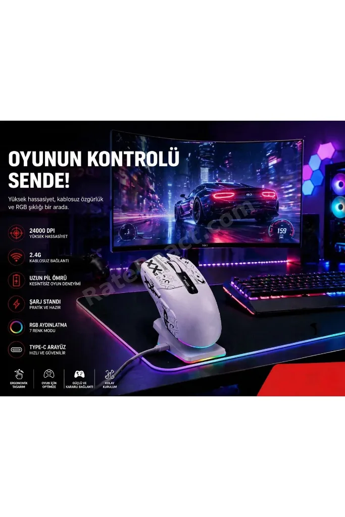 Kablosuz Gaming Mouse Bluetooth 2.4G Kablolu 3 Mod Bağlantılı 24000 DPI RGB Şarj İstasyonlu Oyuncu Mouse