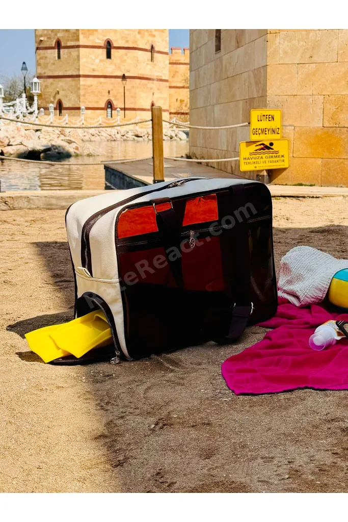Neon Suni Deri & Renkli Şeffaf PVC Yıkanabilir Islak ve Kumlu Eşya Cebi Olan Plaj Çantası
