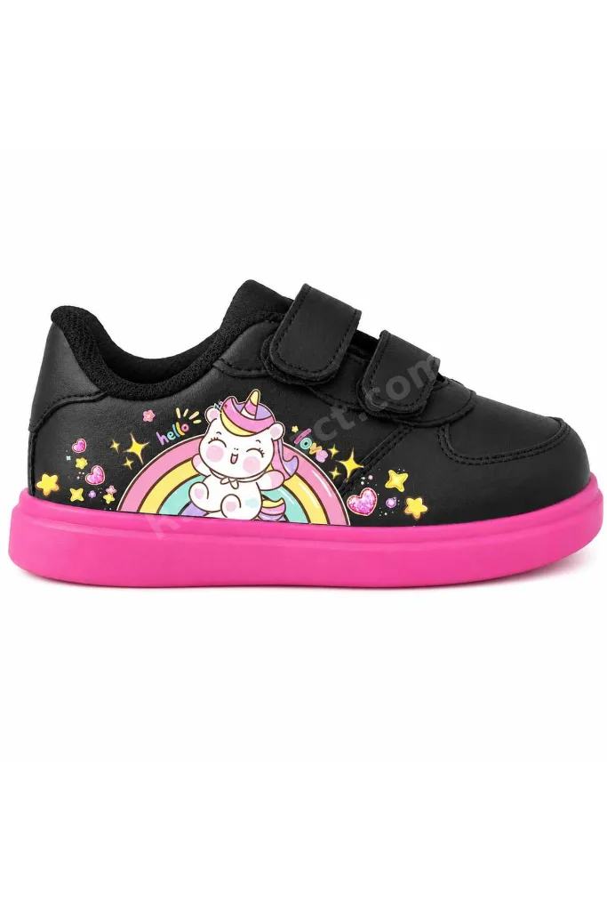 neşeli peluş love baskılı siyah pembe taban bantlı çocuk spor ayakkabı sneaker