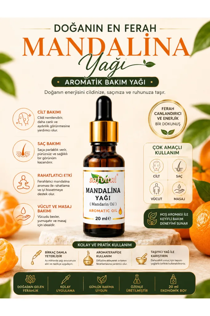 Mandalina Yağı 20 ml Aromatik Bakım Yağı Cilt Saç Vücut ve Masaj Bakımı İçin Premium Mandarin Oil