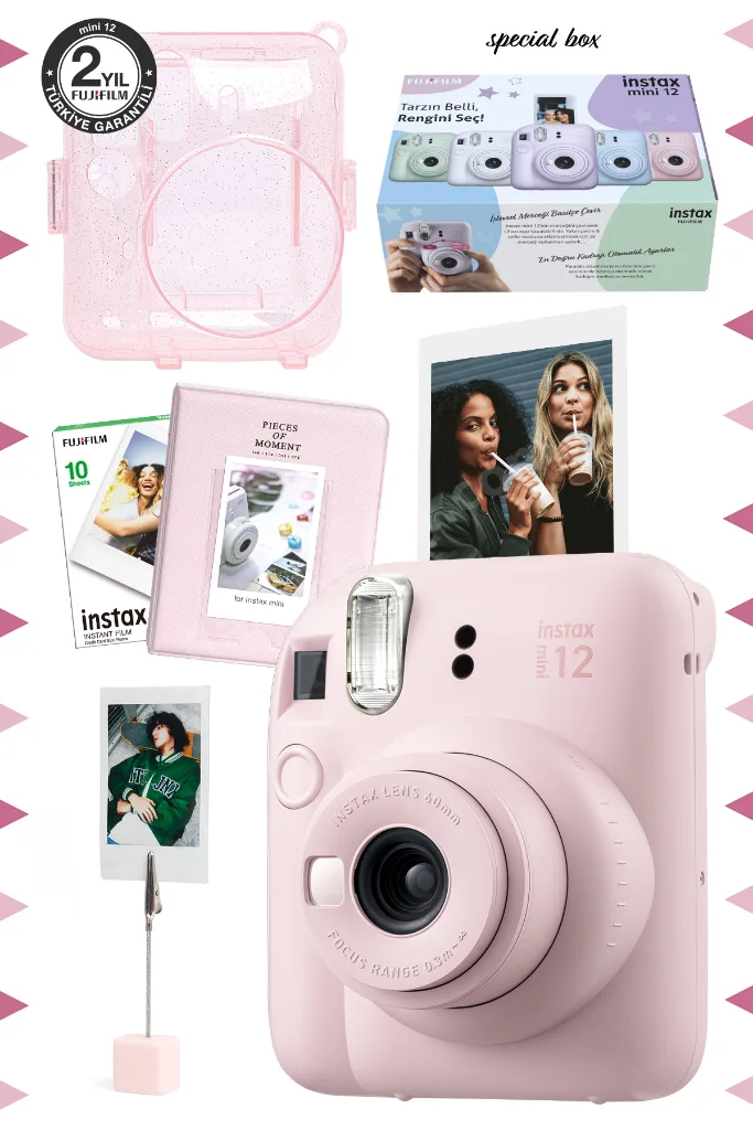 Instax mini 12 Pembe Fotoğraf Makinesi-10'lu Film-Kıskaçlı Stand-PVC Albüm ve Simli Pleksi Kılıf Set