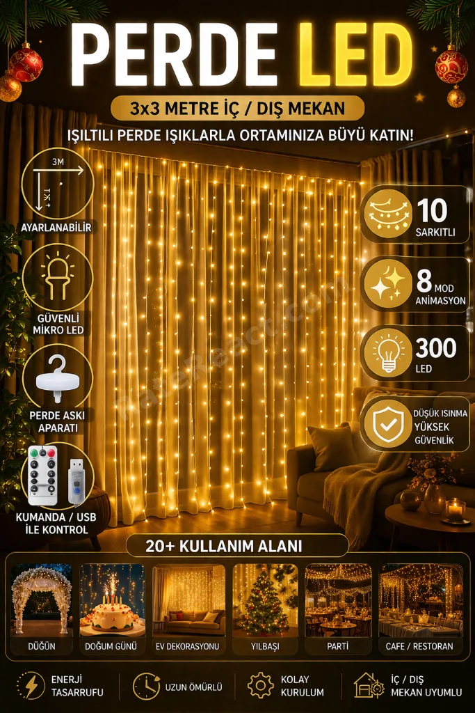 Perde Led 3x3 Kumandalı 8 Fonksiyonlu 300 Led 10 Sarkıtlı Yılbaşı Çam Ağacı Süsleme Usb Gece Lambası