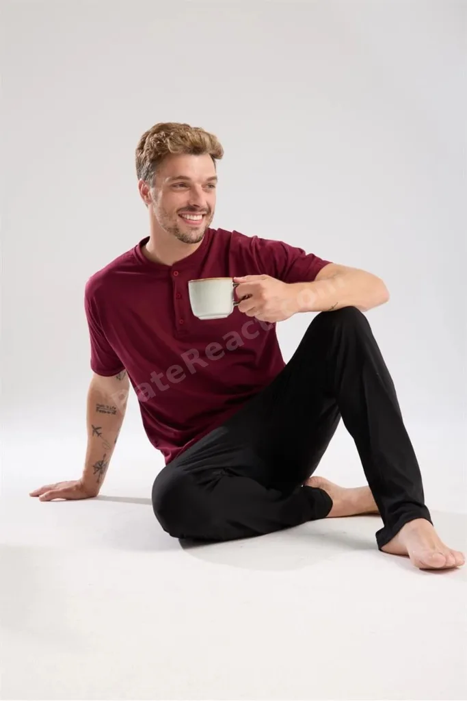 Erkek Bordo Düğmeli Yaka Kısa Kol Pijama Takımı MERY WOMAN