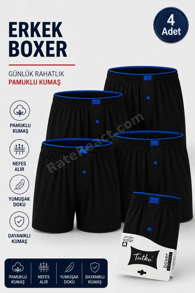Tutku Erkek Penye Boxer Pamuklu - 4 Adet Rahat Kalıp Nefes Alan Kumaş Boxer