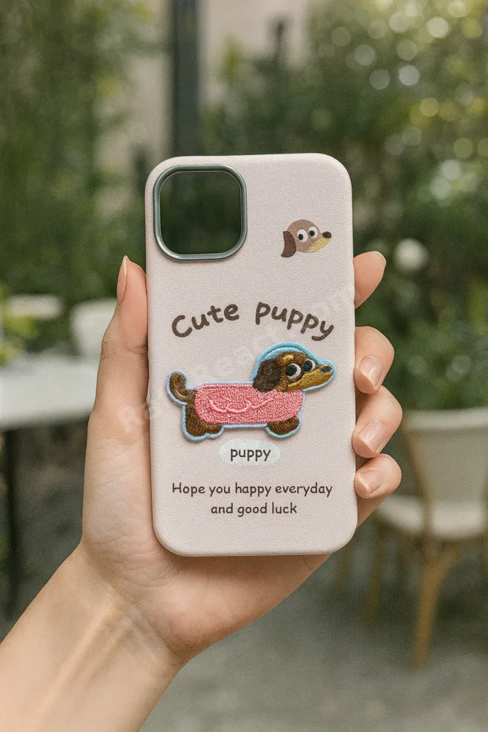 iPhone 13-14-15 Kılıf Sevimli Puppy Nakışlı Deri Görünümlü Esnek, Şık ve Koruyucu Telefon Kılıfı