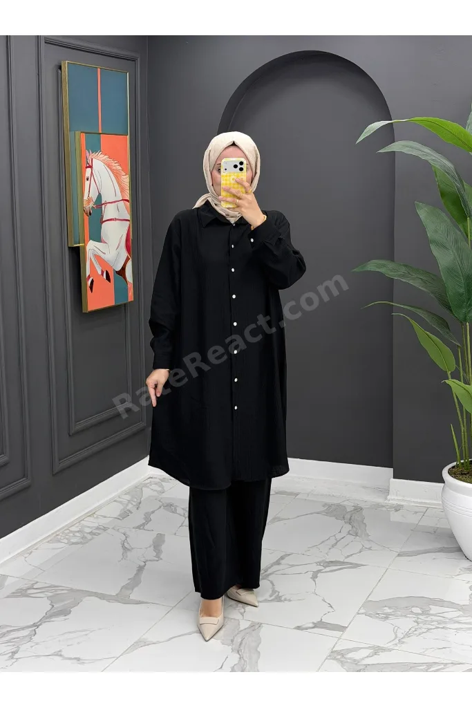 Fidan Mocha Relax Fit İkili Takım – Oversize Gömlek & Bol Paça Pantolon Tesettür Takım
