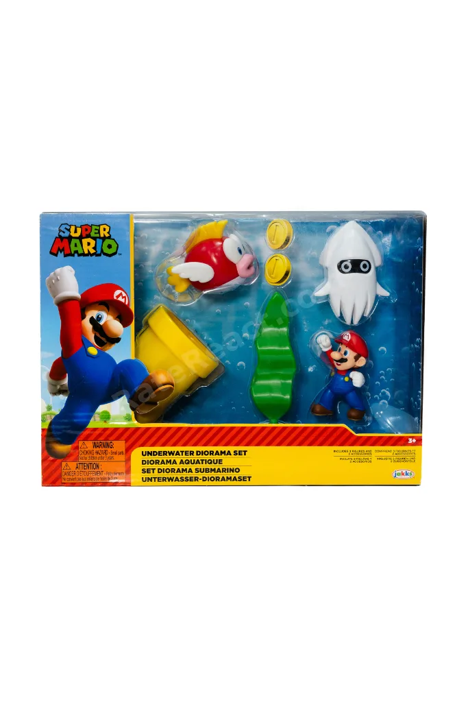 Super Mario Sualtı Diorama Oyun Seti, 6.5 cm Mario, Blooper ve Cheep Cheep Figürleri, Aksesuarlı Sualtı Temalı Oyuncak Seti