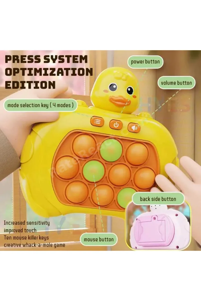 Işıklı Sesli Müzikli ÖRDEK Popit Pilli Eğitici Stres Giderici Quick Push Konsol SARI ÖRDEK
