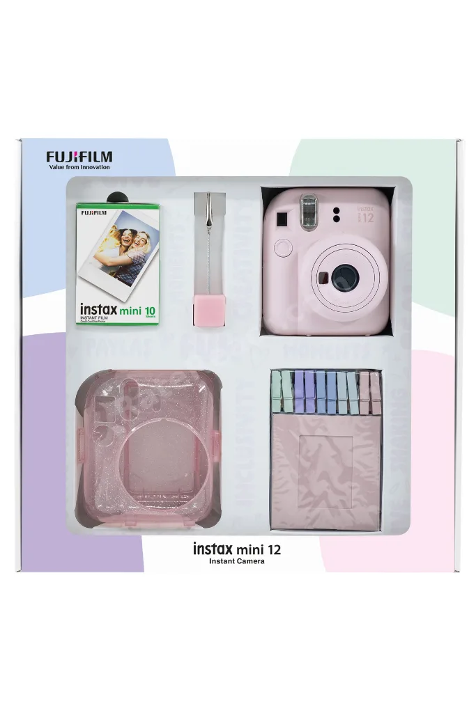 Instax mini 12 Pembe Fotoğraf Makinesi 10'lu Film Simli Pleksi Kılıf Mandal ve Kıskaçlı Resim Standı