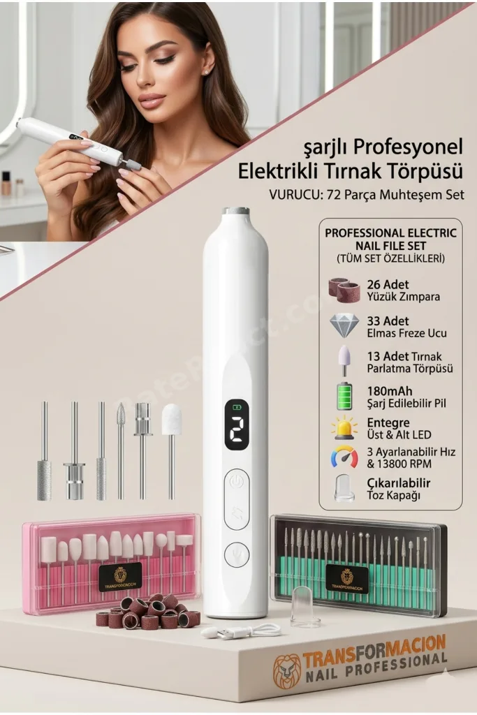 LED Işıklı & UV Kurutuculu Şarjlı Profesyonel Tırnak Törpüsü, 72 Parça Freze Seti 714665