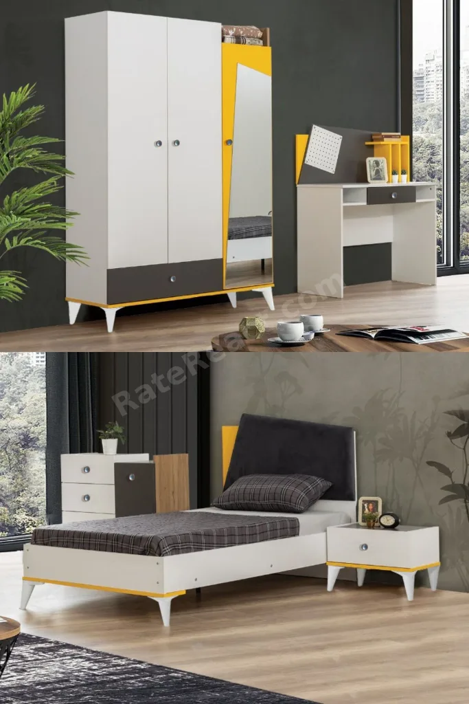 Giallo Genç Odası - 3 Kapılı Dolap, Karyola, Komodin, Masa, Şifonyer