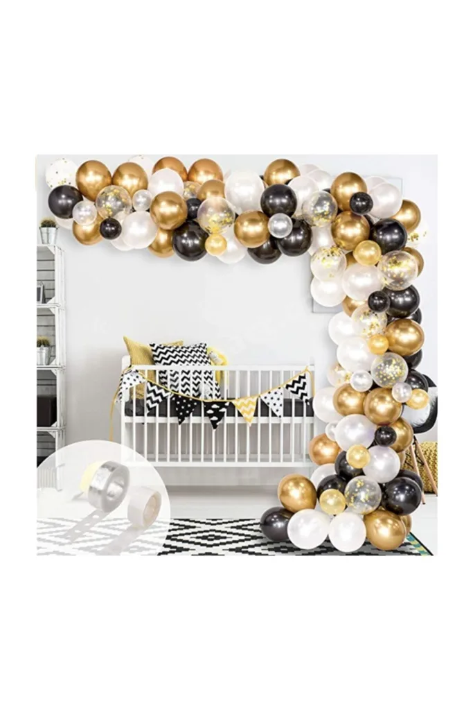 Siyah Beyaz Gold Krom Konfetili Balon Zincir Seti
