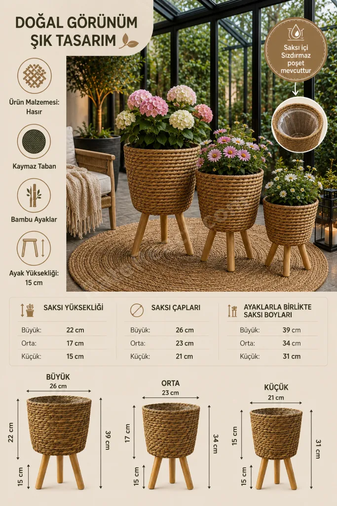 Hasır Saksı Standlı 3’lü Set Bambu Ayaklı Dekoratif Çiçeklik Saksı Organizeri