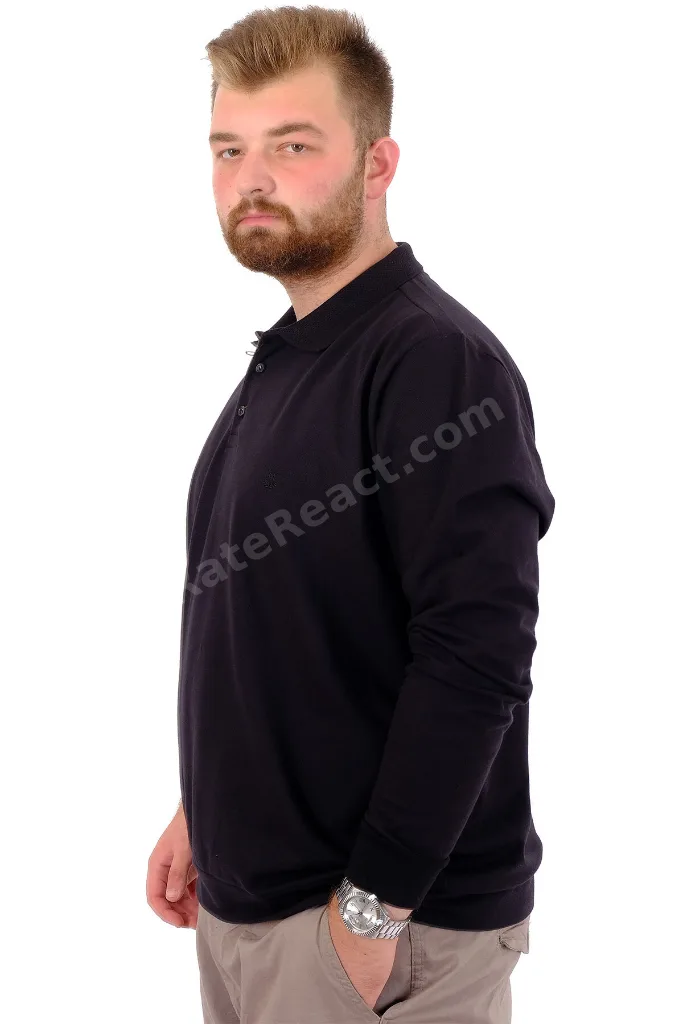 Mode XL Büyük Beden Erkek Polo Yaka Sweatshirt Nakışlı U24340 Siyah