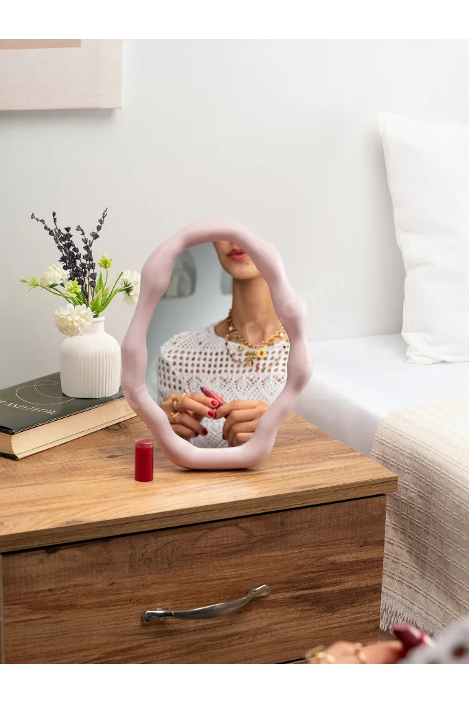 Modern bulut formlu makyaj aynası , takı tabağı , duvar aynası mat pembe renk