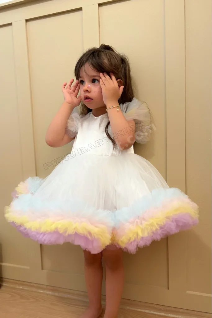 Beyaz Karnaval Renkli Kısa Kol Kız Bebek & Kız Çocuk Elbise - Alice
