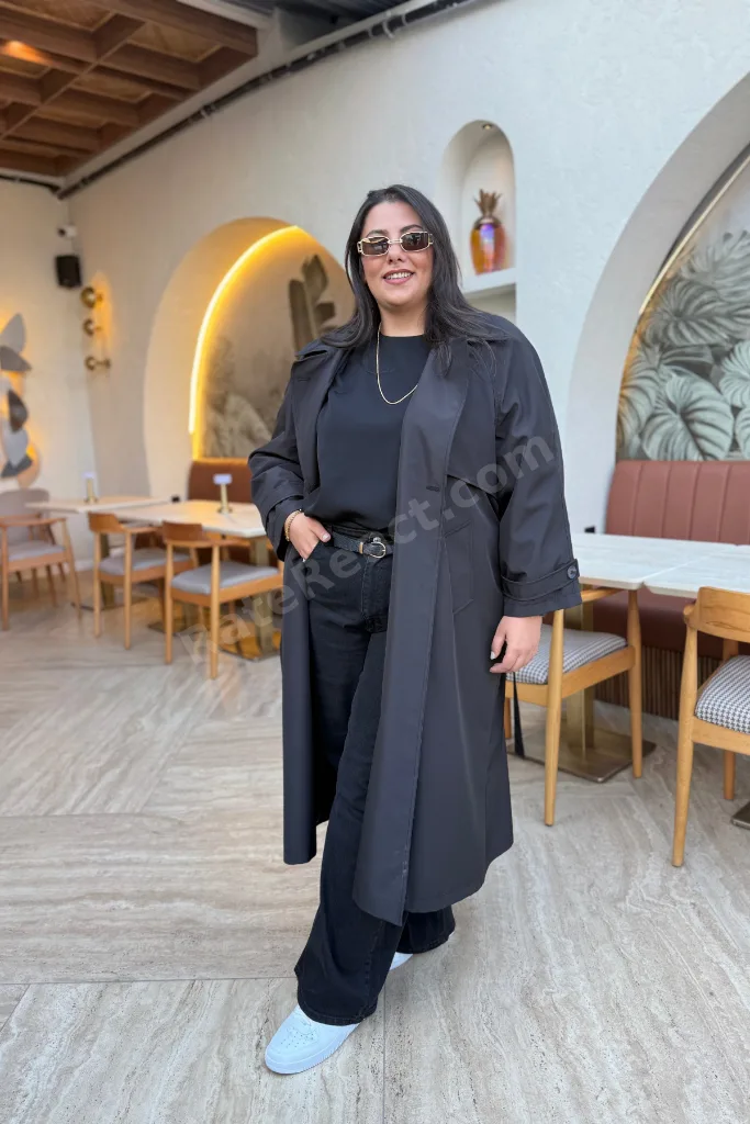 Kadın Oversize Kemerli Astarlı Trençkot-Büyük Beden Trençkot- Siyah- Geniş Beden aralığı