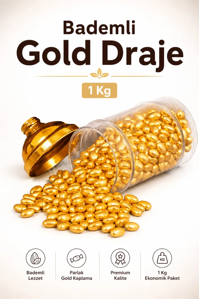 (1 KG) 1. Sınıf Lüks Premium Kalite Gold Altın Bademli Draje Nişan Düğün Hediyelik Tatlı Atıştırmalık