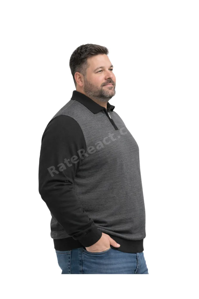 Erkek Büyük Beden Siyah Polo Yaka Fermuarlı Triko Kazak 5XL-6XL-7XL-8XL