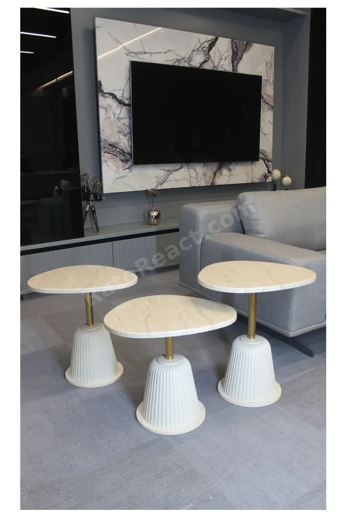 Torino Zigon Sehpa Traverten Mdf (Komple Krem - Gold) - Zigon Sehpa 3'lü
