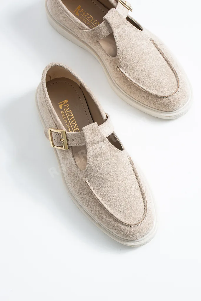 Kadın Bej Süet Loafer Ayakkabı Elite Comfort Makosen Rahat Günlük Ofis Casual Saraç Detay Tokalı