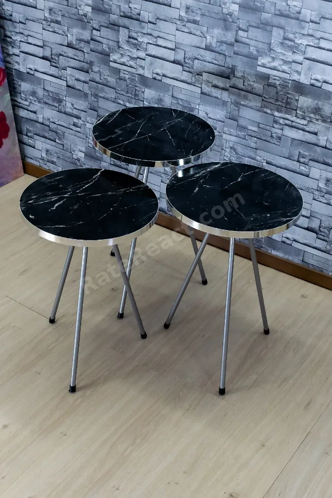 Zigon Sehpa 3'Lü Gümüş Metal Ayak Gümüş Siyah Bendir