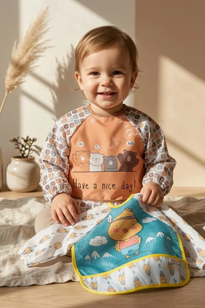 Uzun Kollu Su Geçirmez Bebek Mama Önlüğü 2'li Set -6-24 Ay Blw Uyumlu, Leke Tutmaz, Ayıcık Ve Civciv