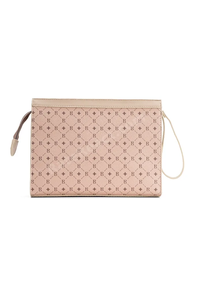 Kadın Bej Monogram Portföy Kulplu Clutch Çanta