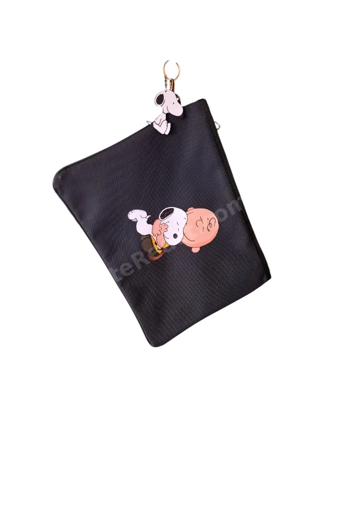 Lacivert Suni Deri Snoopy Desenli Portgöy Clutch Tablet Kılıfı Çanta