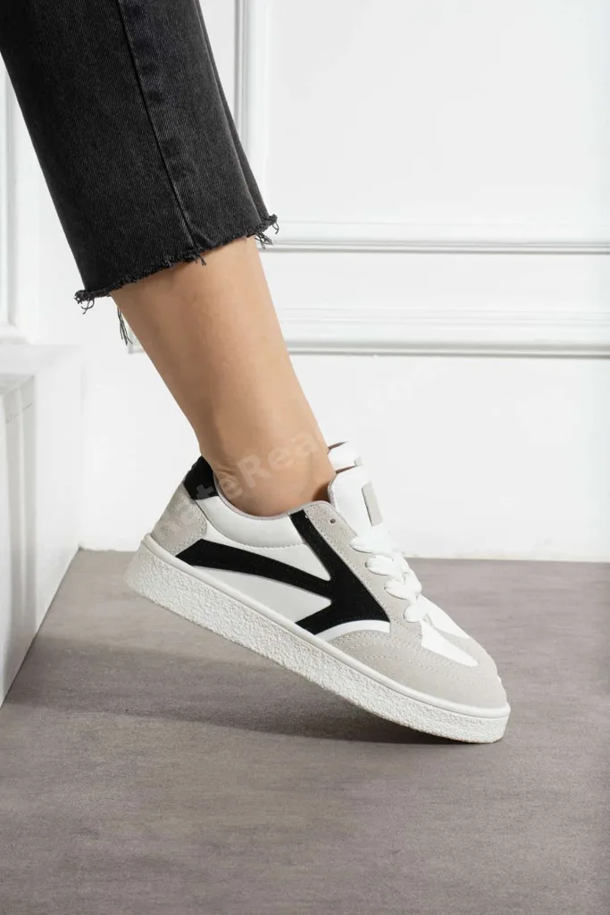 Beyaz Siyah Kadın Bağcıklı Spor Ayakkabı Sneaker Günlük Okul 121NAV