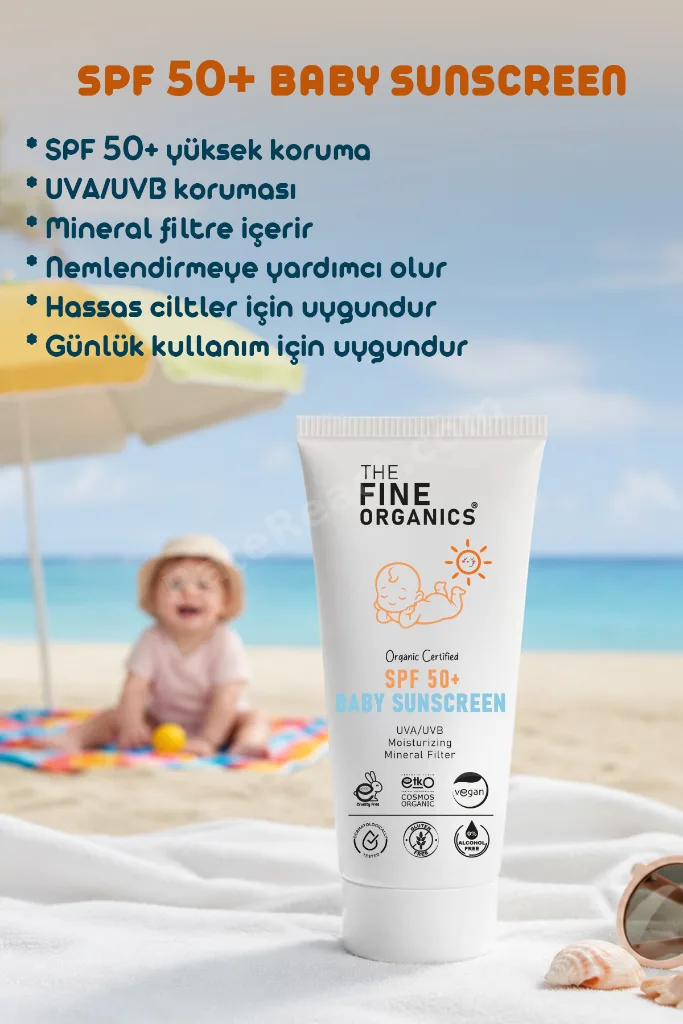 Organik Sertifikalı SPF 50+ UVA/UVB Mineral Filtreli Bebek Güneş Kremi, Vegan Güneş Kremi