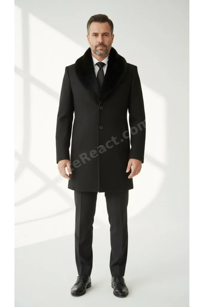 Erkek Uzun Kaşe Kaban – Çıkartılabilir Kürk Yaka, Astarlı ve Cepli Slim Fit Mont (Bej,