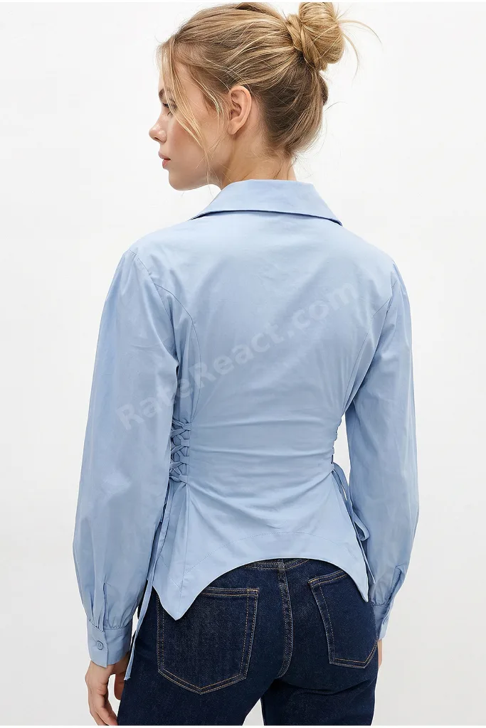 Kadın Yan Bağcık Detaylı Bel Oturtmalı Poplin Gömlek 4239 60286211