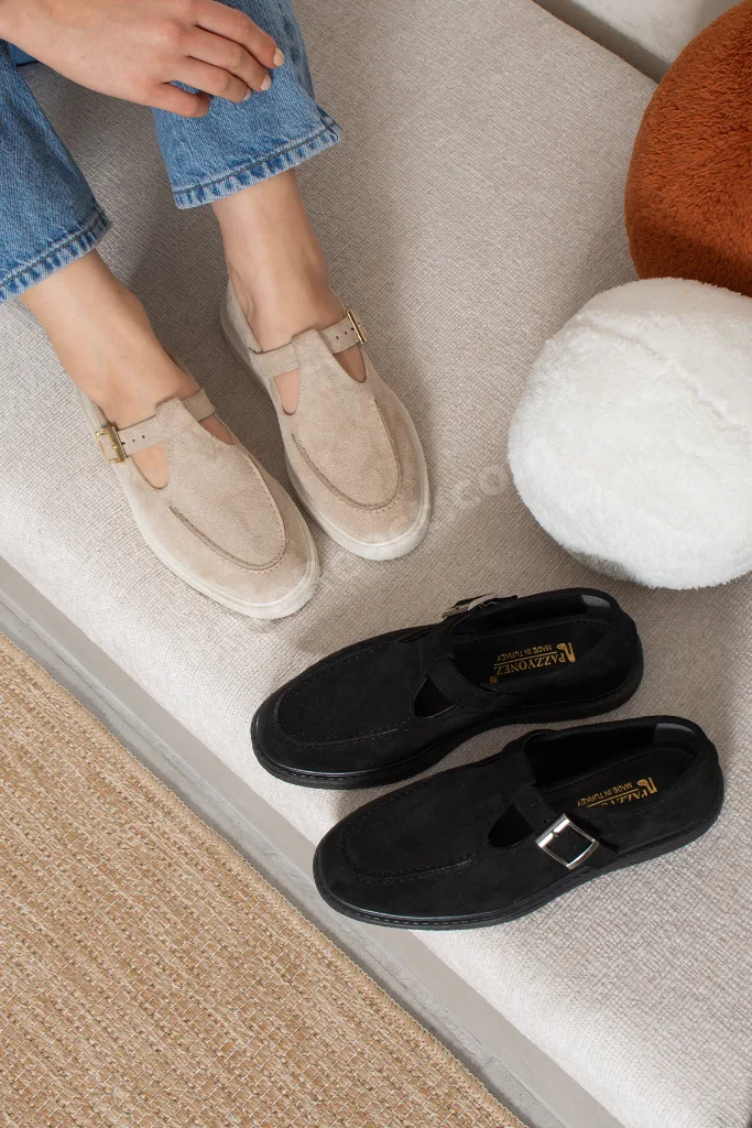Kadın Bej Süet Loafer Ayakkabı Elite Comfort Makosen Rahat Günlük Ofis Casual Saraç Detay Tokalı