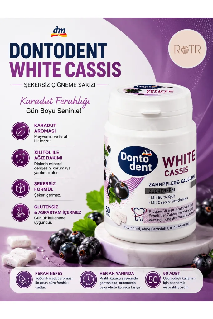 White Cassis Siyah Frenk Üzümlü Şekersiz Sakız %50 Ksilitol 50 Adet