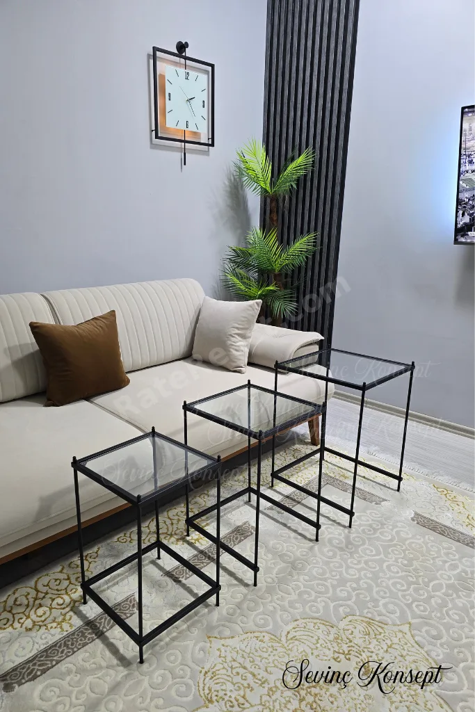 3 lü Vera Black Şeffaf Camlı, Çok Amaçlı Metal Zigon Yan Sehpa
