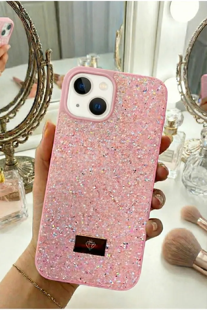 iPhone 13/14/15 Kılıf Içi Kadife Elmas Tasarımlı Pembe Taşlı Işıltılı Pırlanta Silikon