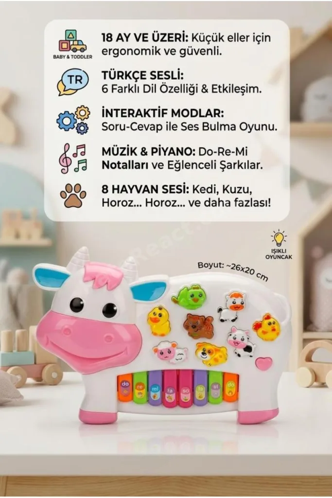 İnek Piyanom! Işıklı Sesli Müzikli 6 Farklı Özellikli Hayvan Sesi Çıkartan Şarkılı Oyuncak Piyano